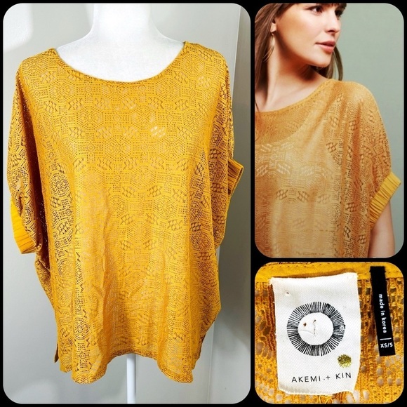 Akemi + Kin ANTHRO Mustard Yellow Bratton Lace Knit Oversized Slouchy Top - XS/S - Picture 1 of 10